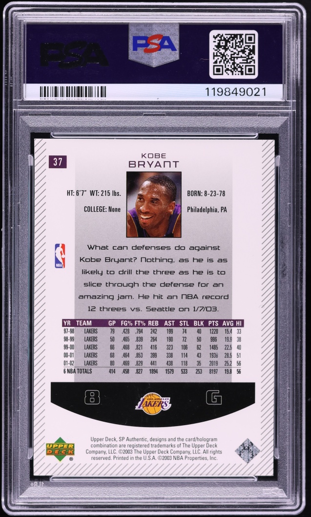 2002 SP Authentic Kobe Bryant #37 PSA 10 GEM MINT