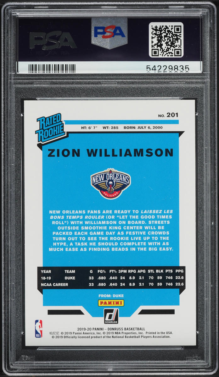 2019 Donruss Basketball Zion Williamson ROOKIE #201 PSA 10 GEM MINT