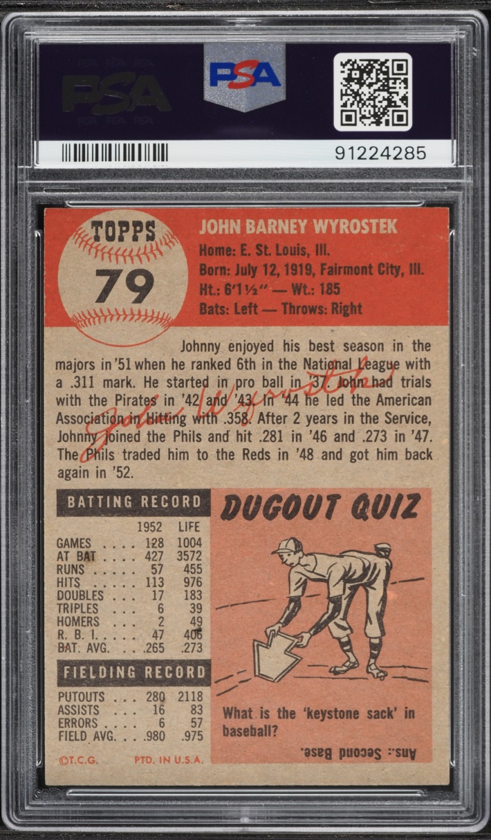 1953 Topps Johnny Wyrostek SHORT PRINT #79 PSA 6 EXMT