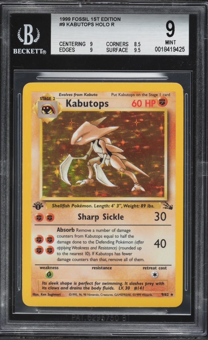 1999 Pokemon Fossil 1st Edition Holo Kabutops #9 BGS 9 MINT