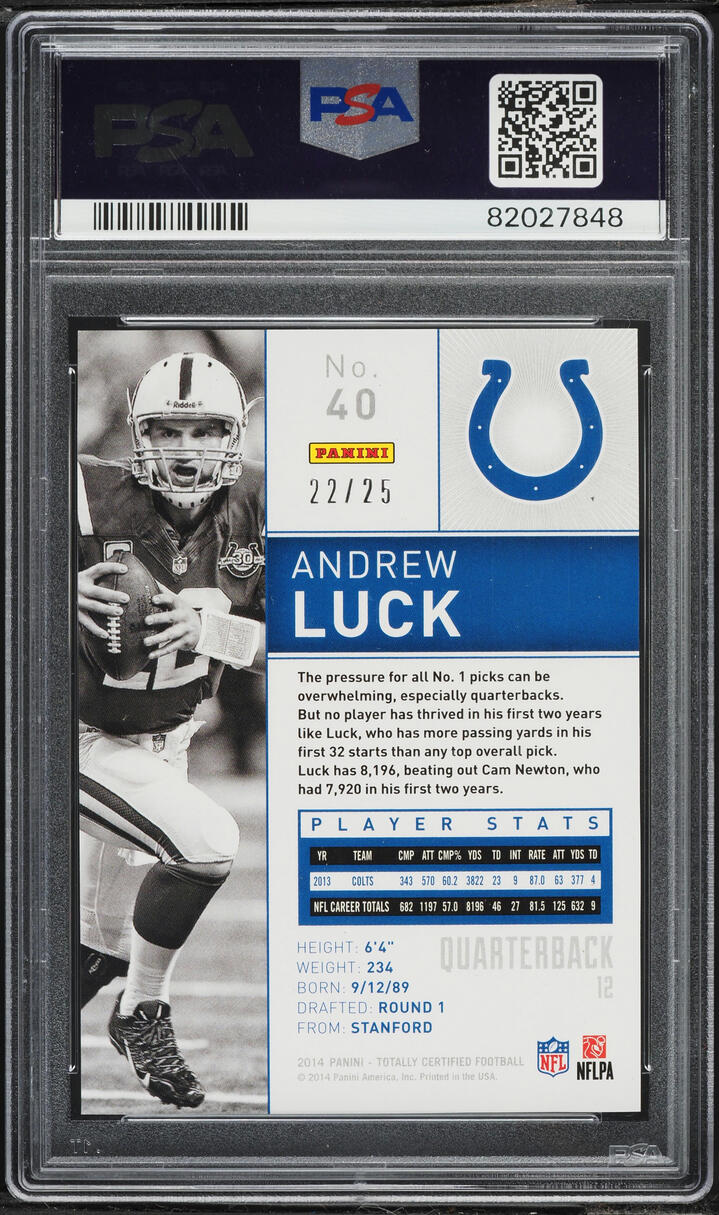 2014 Totally Certified Mirror Platinum Red Andrew Luck /25 #40 PSA 10 GEM MINT - Photo 2