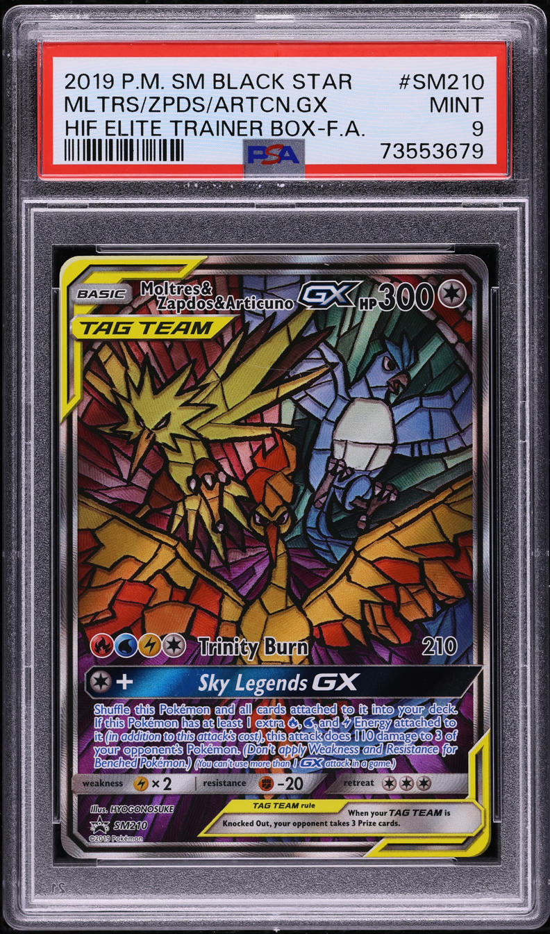 2019 Pokemon SM Black Star Promo Hidden Fates ETB Moltres Zapdos Articuno GX #SM210 PSA 9 MINT
