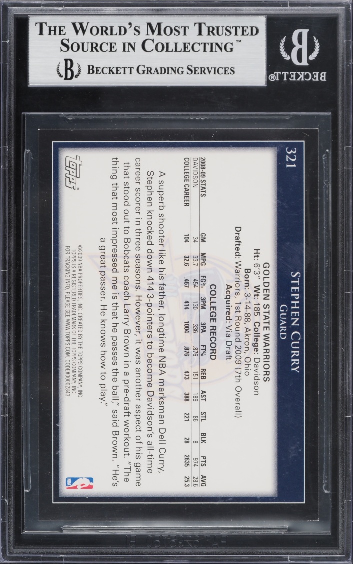 2009 Topps Basketball Stephen Curry ROOKIE #321 BGS 9 MINT