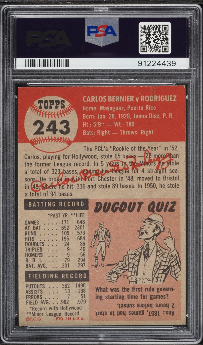 1953 Topps Carlos Bernier #243 PSA 7 NRMT