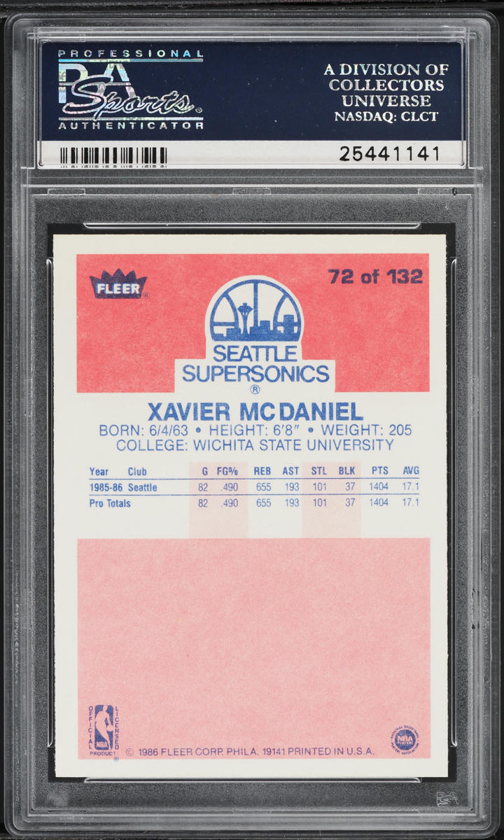 1986 Fleer Basketball Xavier McDaniel ROOKIE #72 PSA 10 GEM MINT