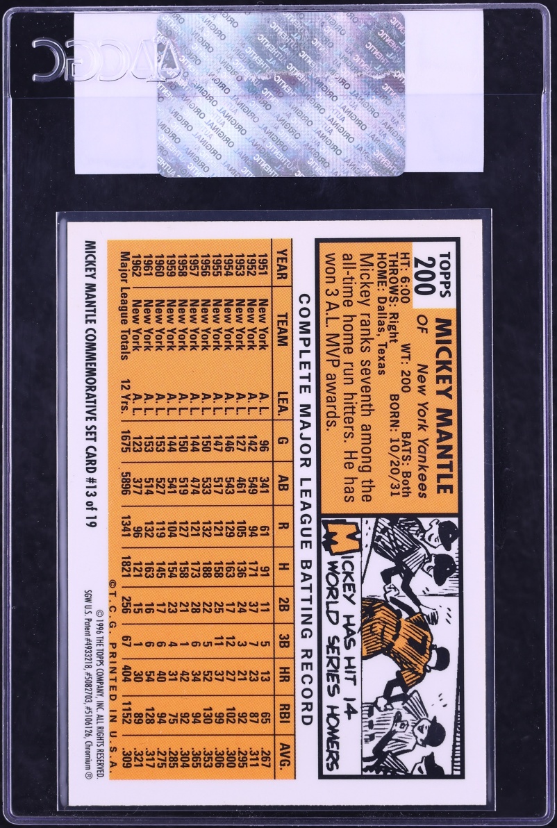 1996 Topps Mantle Finest Reprints '63 Mickey Mantle #13 CGC AUTH