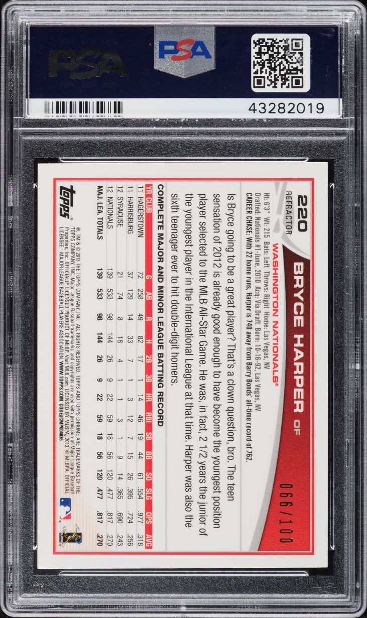 2013 Topps Chrome Watching Ball Black Refractor Bryce Harper /100 #220 PSA 10 GEM MINT - Photo 2