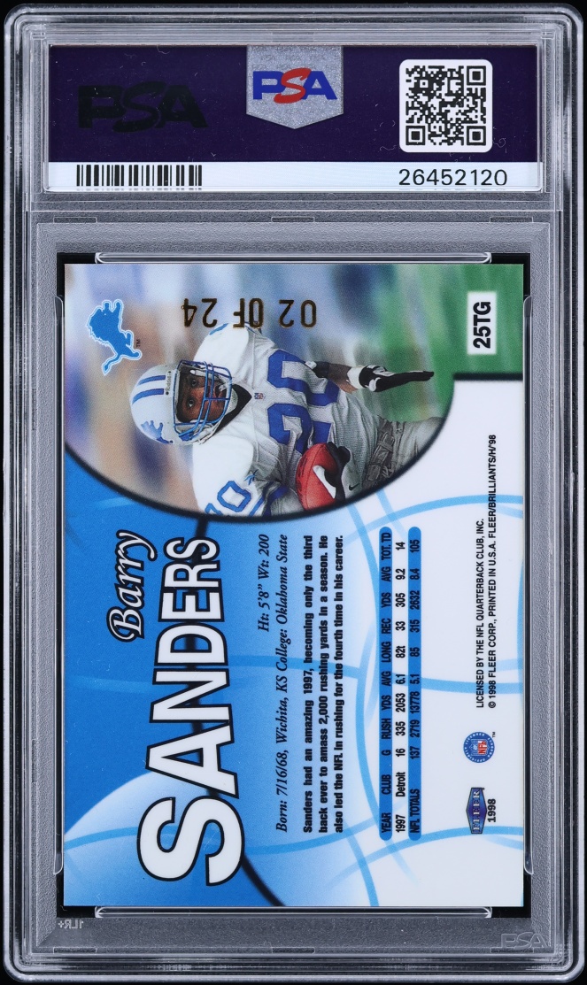 1998 Fleer Brilliants 24KT Gold Barry Sanders /24 #25TG PSA 8 NM-MT - Photo 2