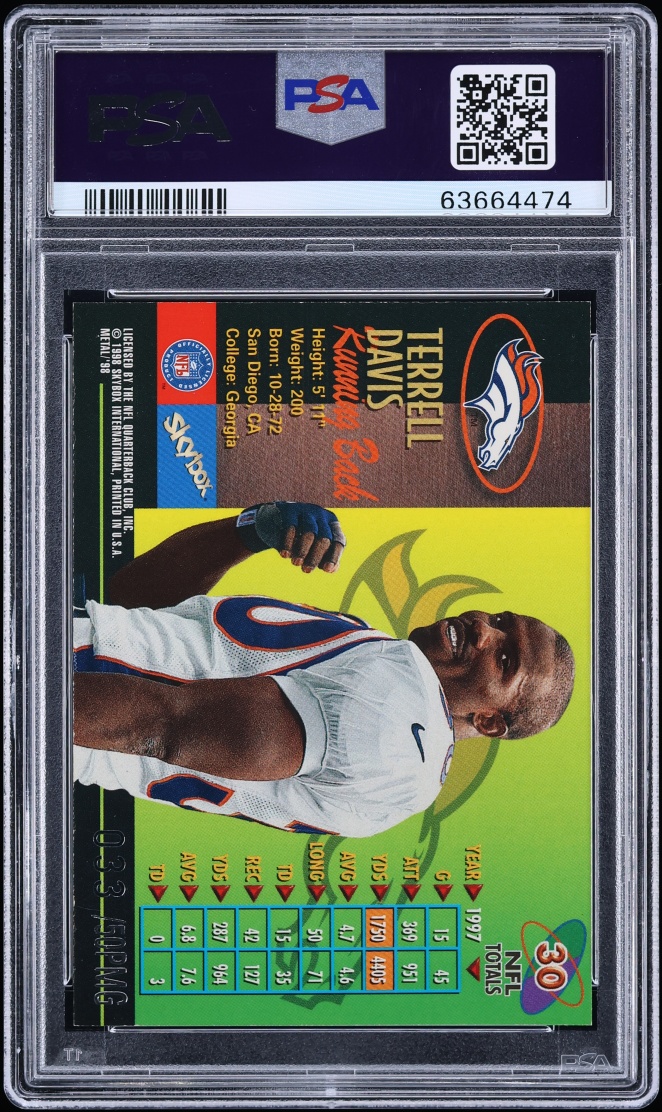 1998 Metal Universe Precious Metal Gems PMG Terrell Davis /50 #30 PSA 8 NM-MT - Photo 2