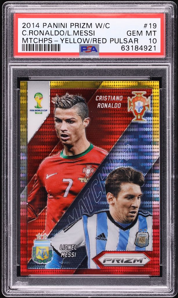 2014 Panini Prizm World Cup Yellow Red Pulsar Cristiano Ronaldo Lionel Messi #19 PSA 10 GEM