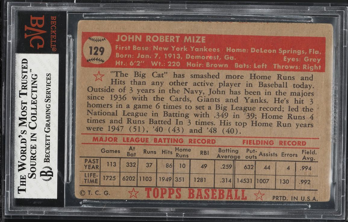 1952 Topps Johnny Mize #129 BVG 2.5 GD+