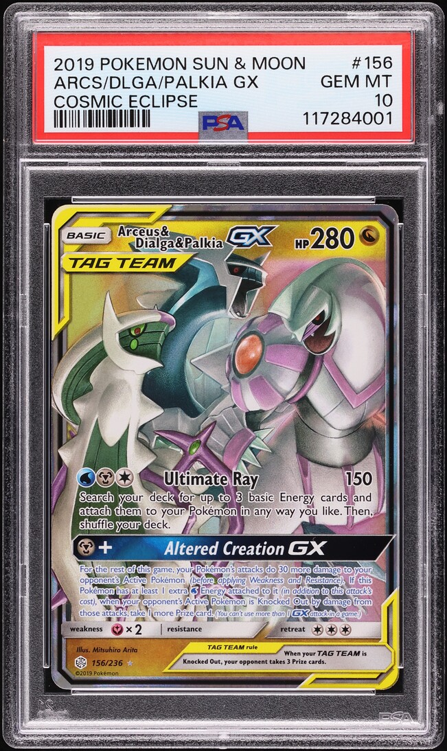 2019 Pokemon Sun & Moon Cosmic Eclipse Arceus & Dialga & Palkia GX #156 PSA 10 GEM MINT
