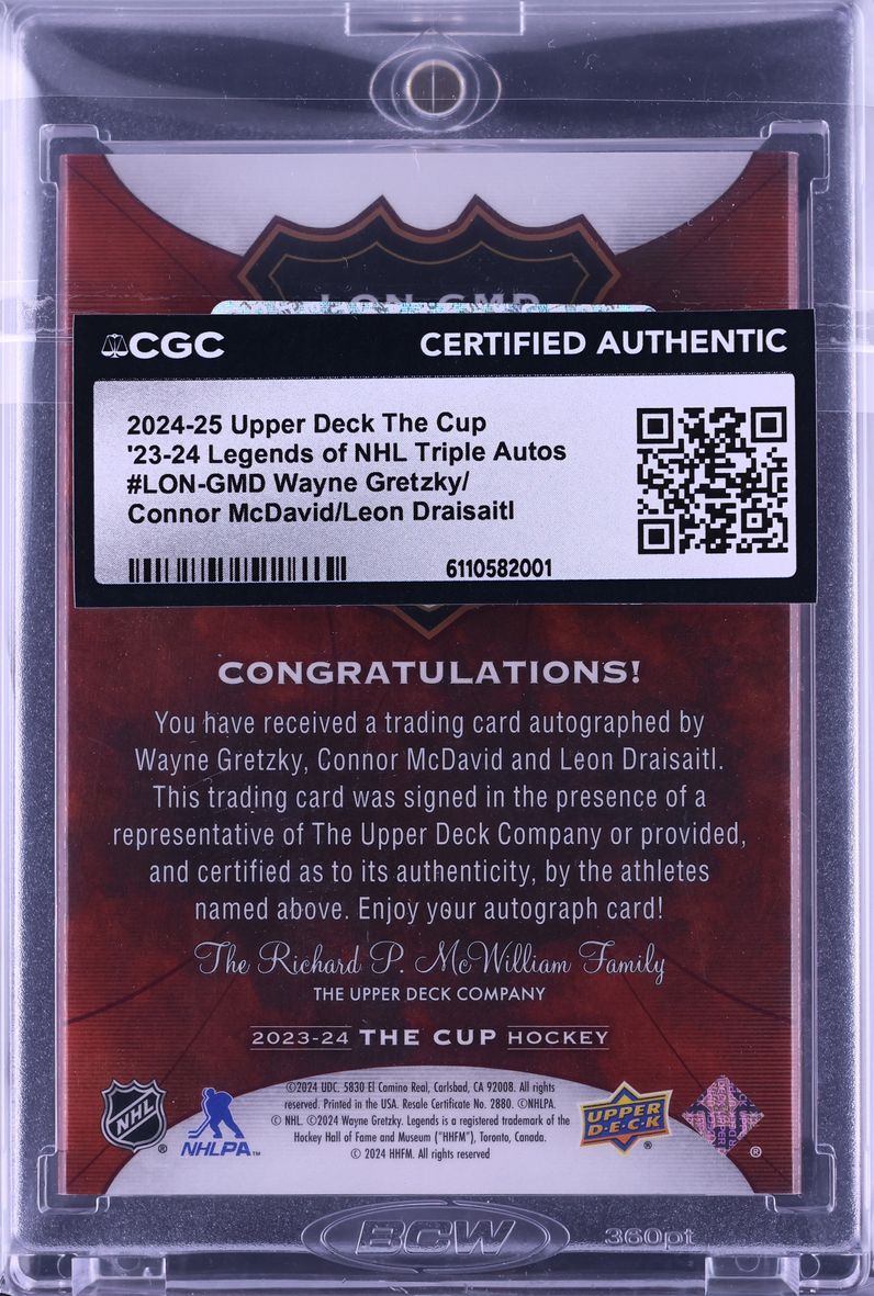 2024 Upper Deck The Cup '23 Legends Of NHL Triple McDavid Draisaitl Gretzky AUTO /9 CGC AUTH