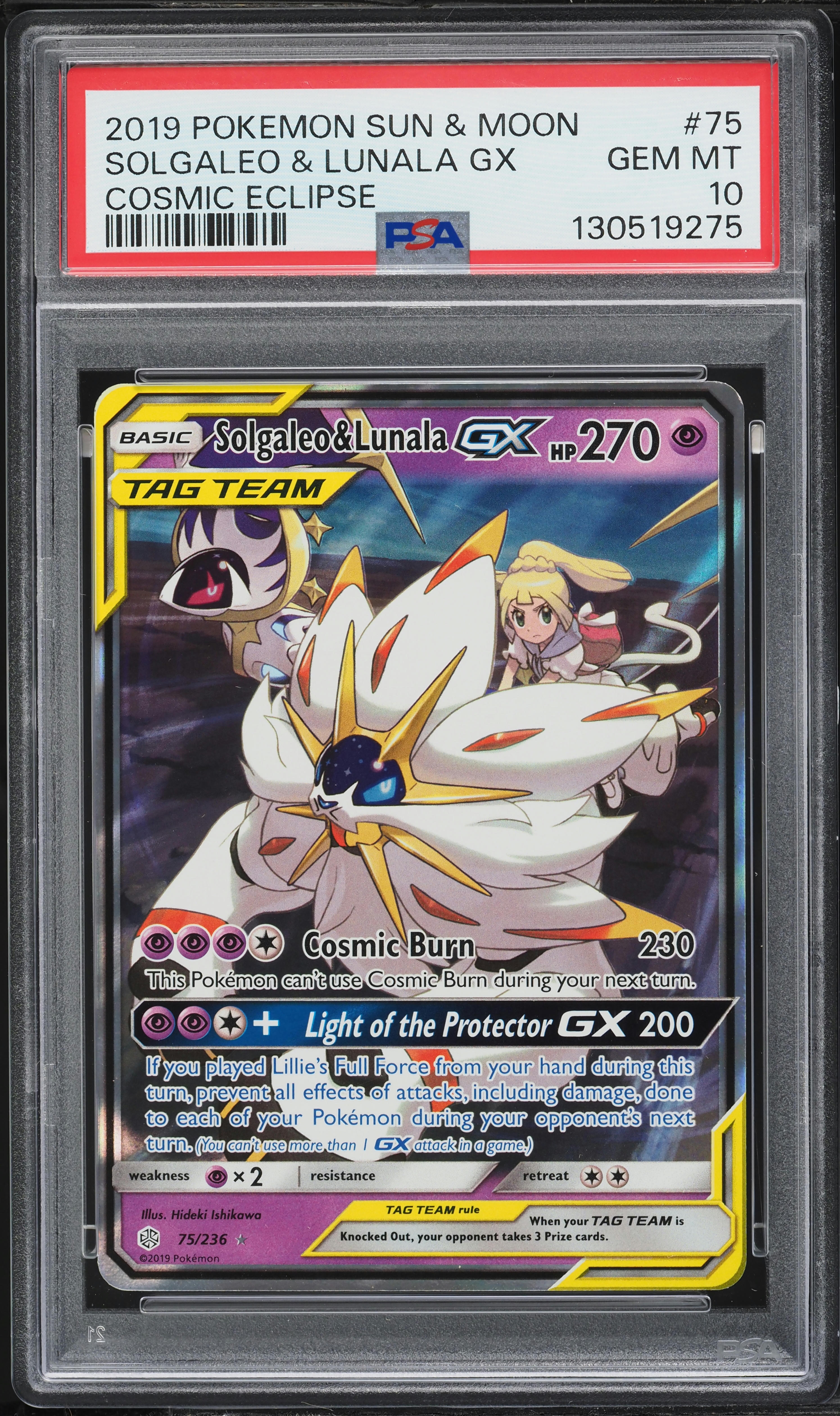 2019 Pokemon Sun & Moon Cosmic Eclipse Holo Solgaleo & Lunala GX #75 PSA 10 GEM MINT
