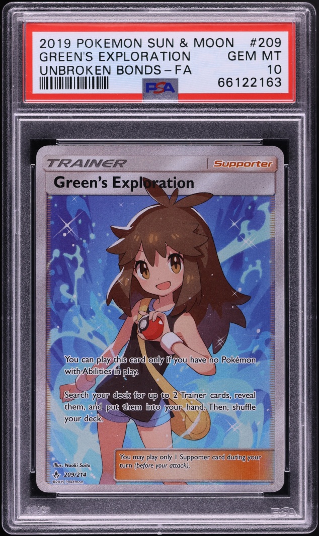 2019 Pokemon Sun & Moon Unbroken Bonds Full Art Green's Exploration #209 PSA 10 GEM MINT
