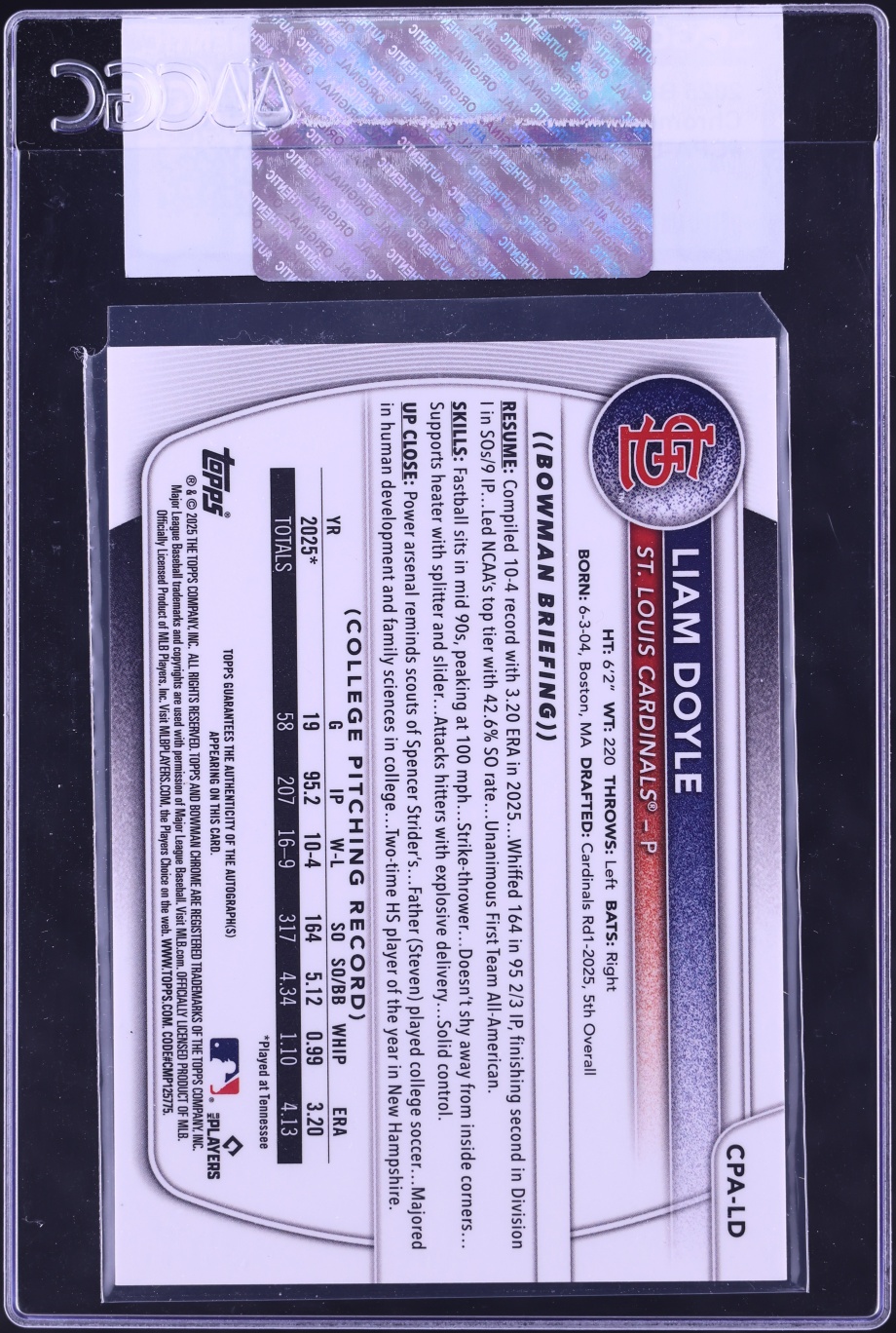 2025 Bowman Chrome Draft Liam Doyle PROSPECT AUTO #CPA-LD CGC AUTH
