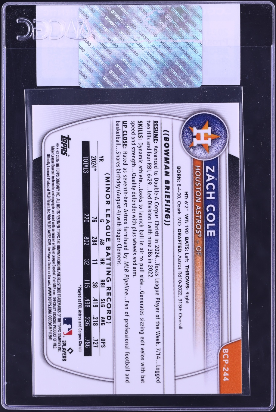 2025 Bowman Chrome Geometric Refractor Zach Cole PROSPECT /499 #BCP-244 CGC AUTH