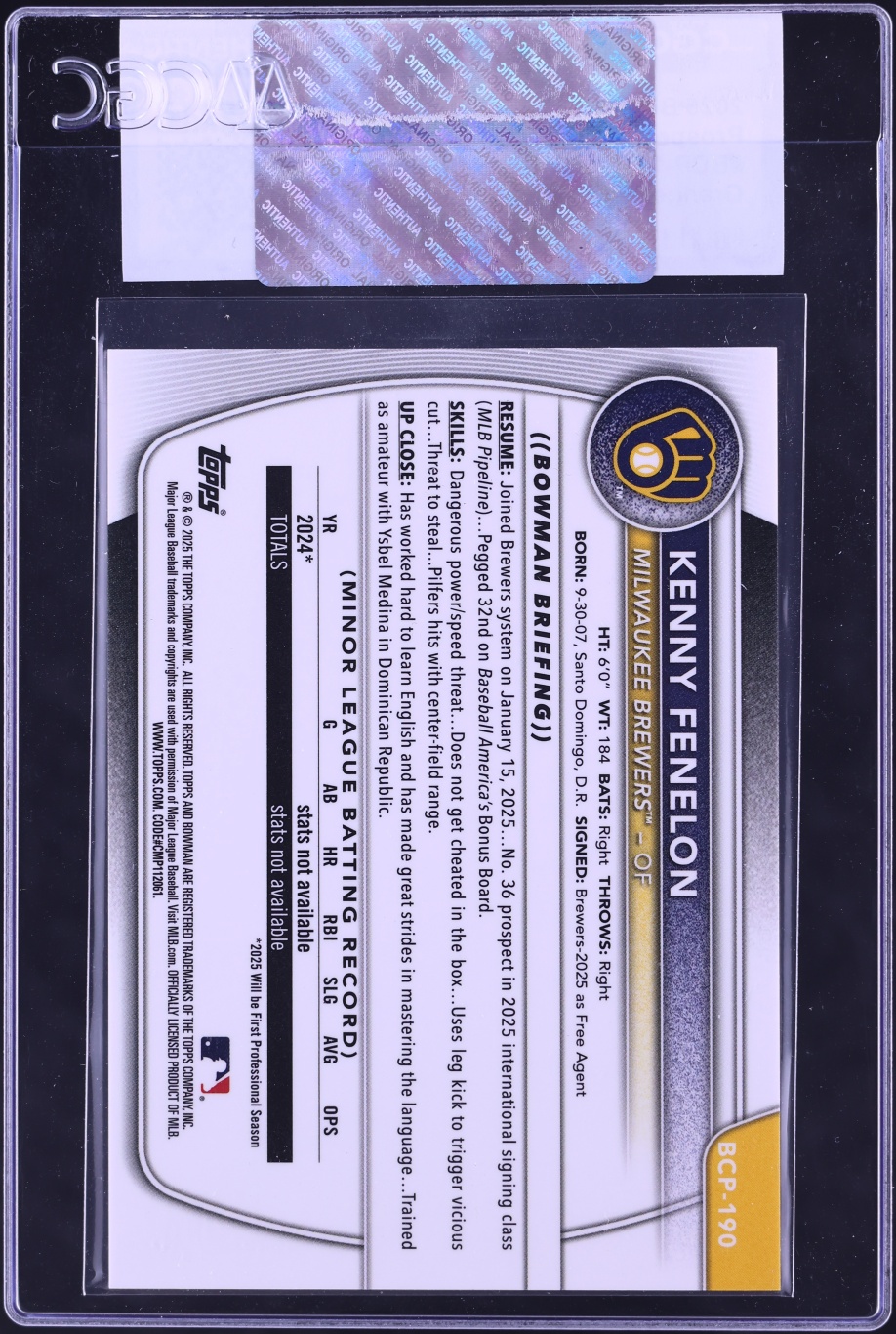 2025 Bowman Chrome Orange Geometric Refractor Kenny Fenelon PROSPECT /25 #BCP-190 CGC AUTH