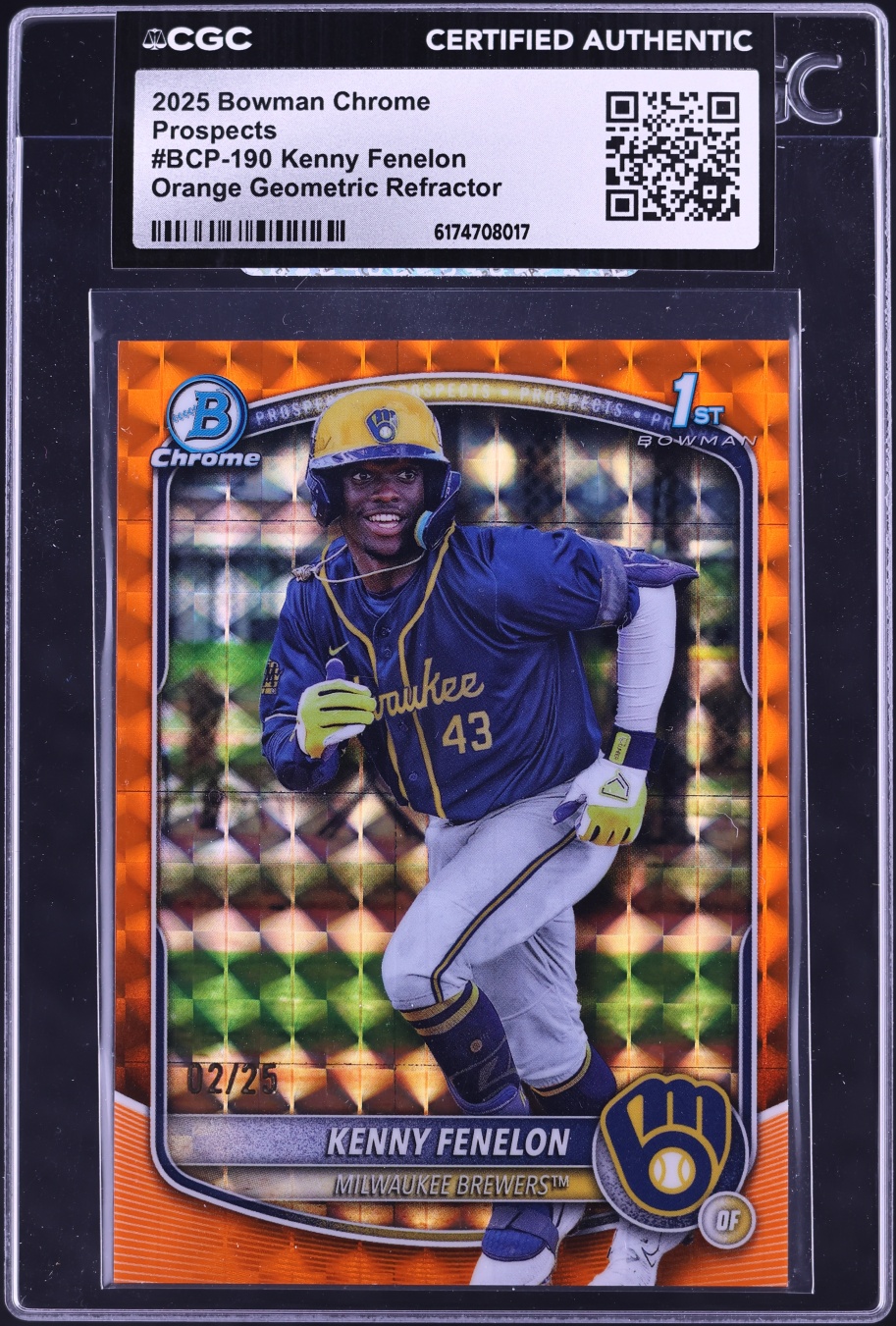 2025 Bowman Chrome Orange Geometric Refractor Kenny Fenelon PROSPECT /25 #BCP-190 CGC AUTH