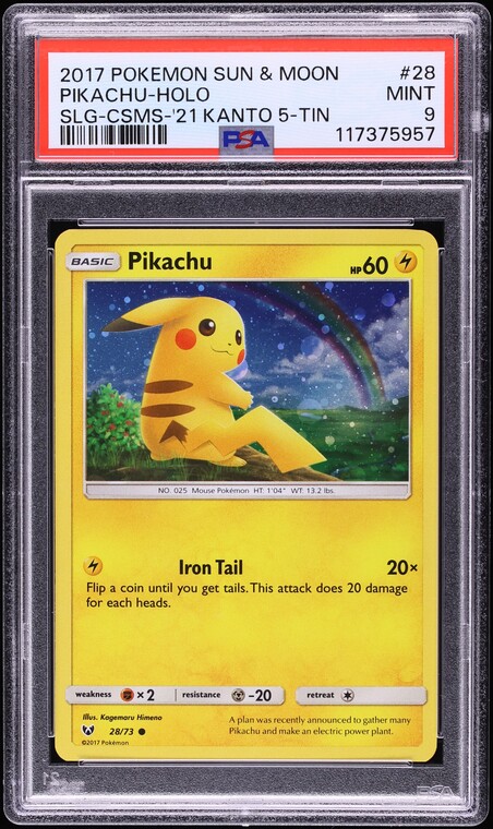 2017 Pokemon SM Shining Legends '21 Kanto 5 Tin Holo Pikachu #28 PSA 9 MINT