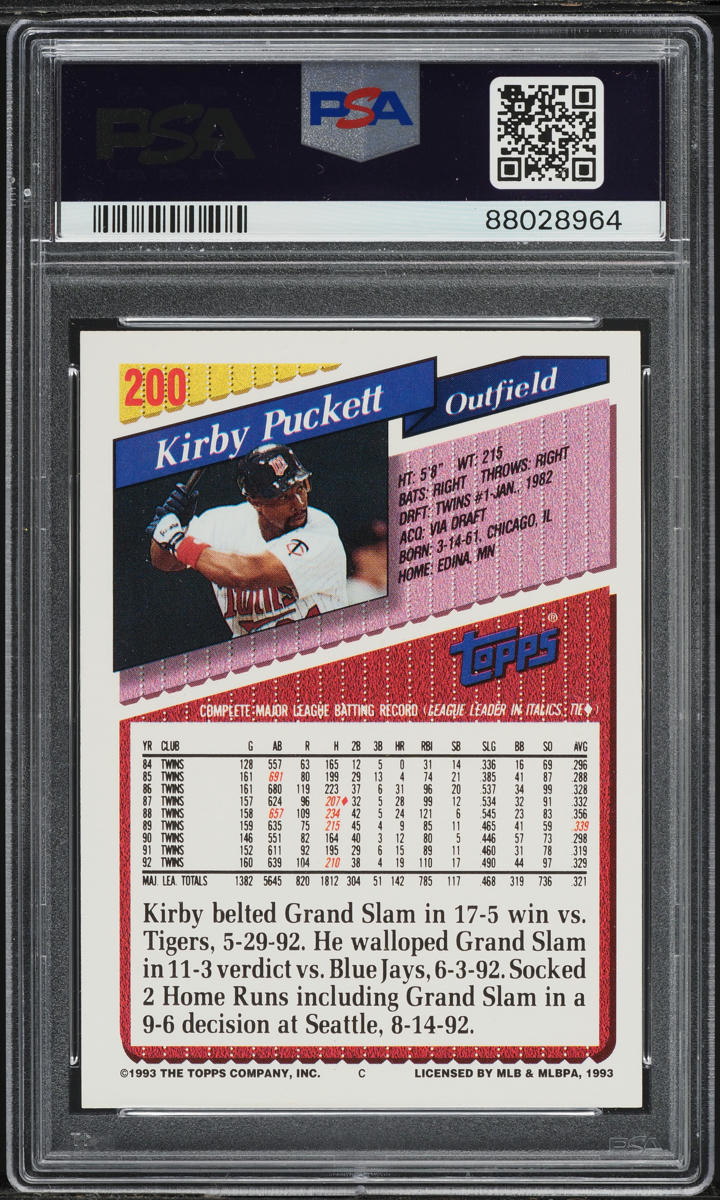 1993 Topps Gold Kirby Puckett #200 PSA 9 MINT