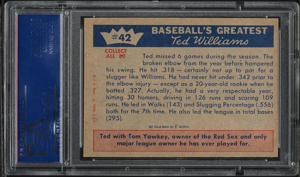 1959 Fleer Ted Williams SETBREAK '51 SLOWED BY INJURY #42 PSA 8 NM-MT