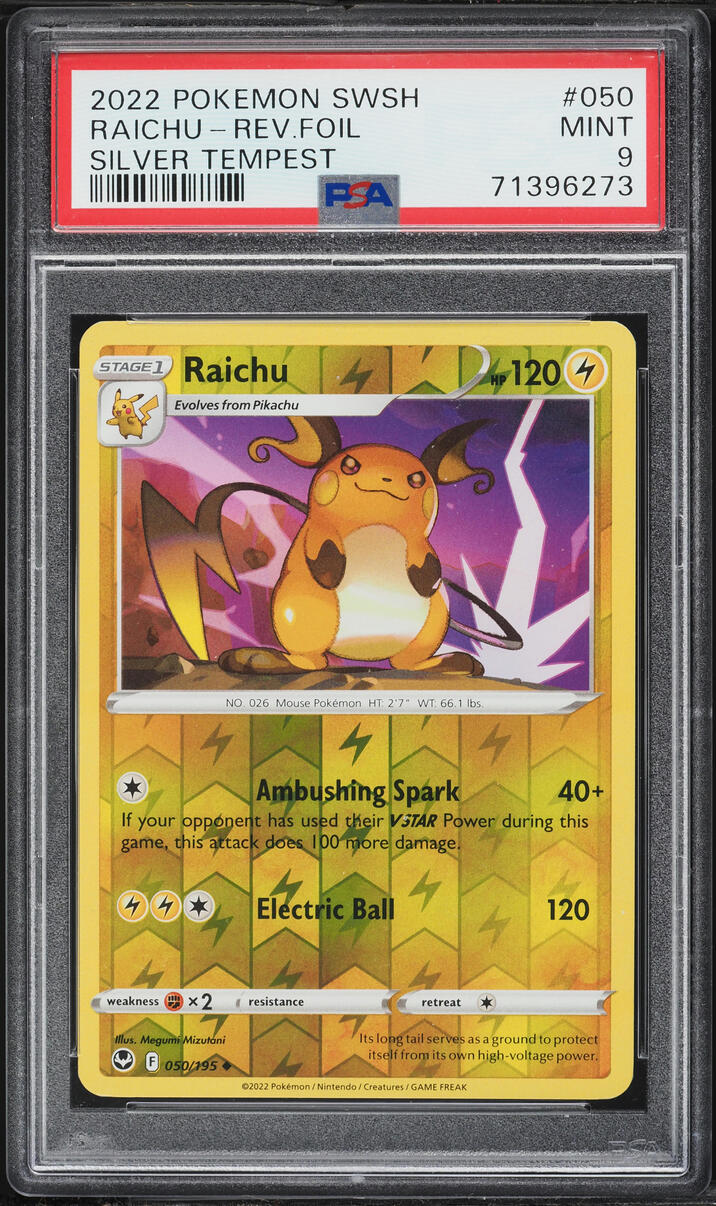 2022 Pokemon Sword & Shield Silver Tempest Reverse Holo Raichu #050 PSA 9 MINT