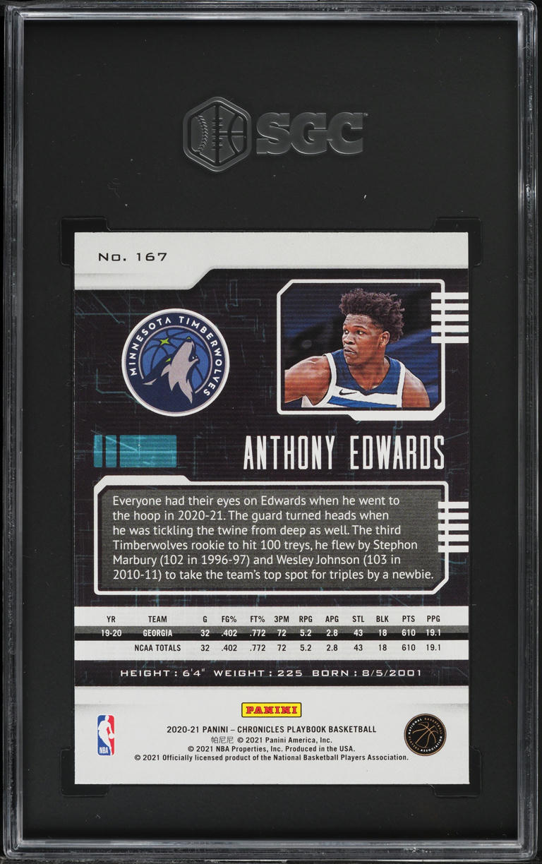 2020 Panini Chronicles Playbook Anthony Edwards ROOKIE #167 SGC 9.5 MINT+
