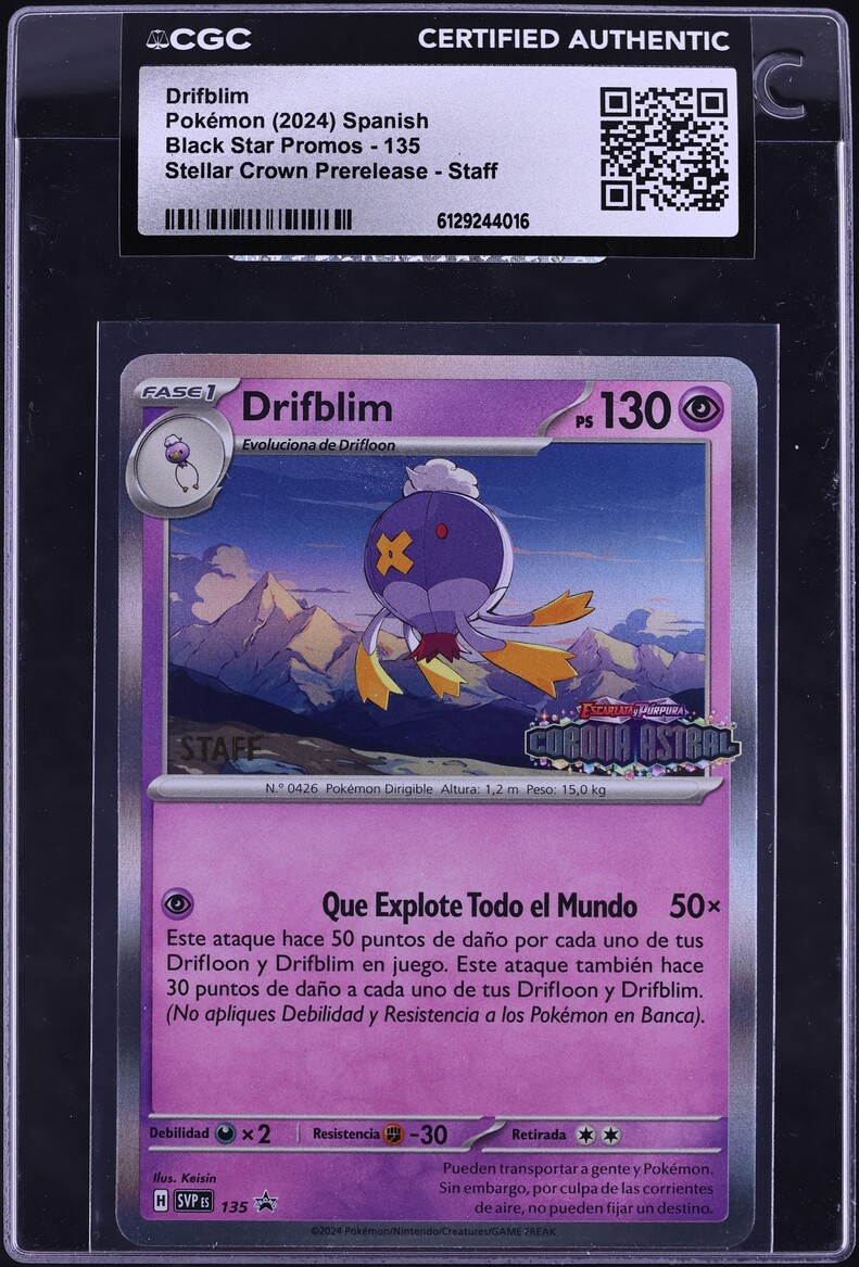 2024 Pokemon Spanish SV Black Star Promos Stellar Crown Prerelease Staff Drifblim #135 CGC AUTH
