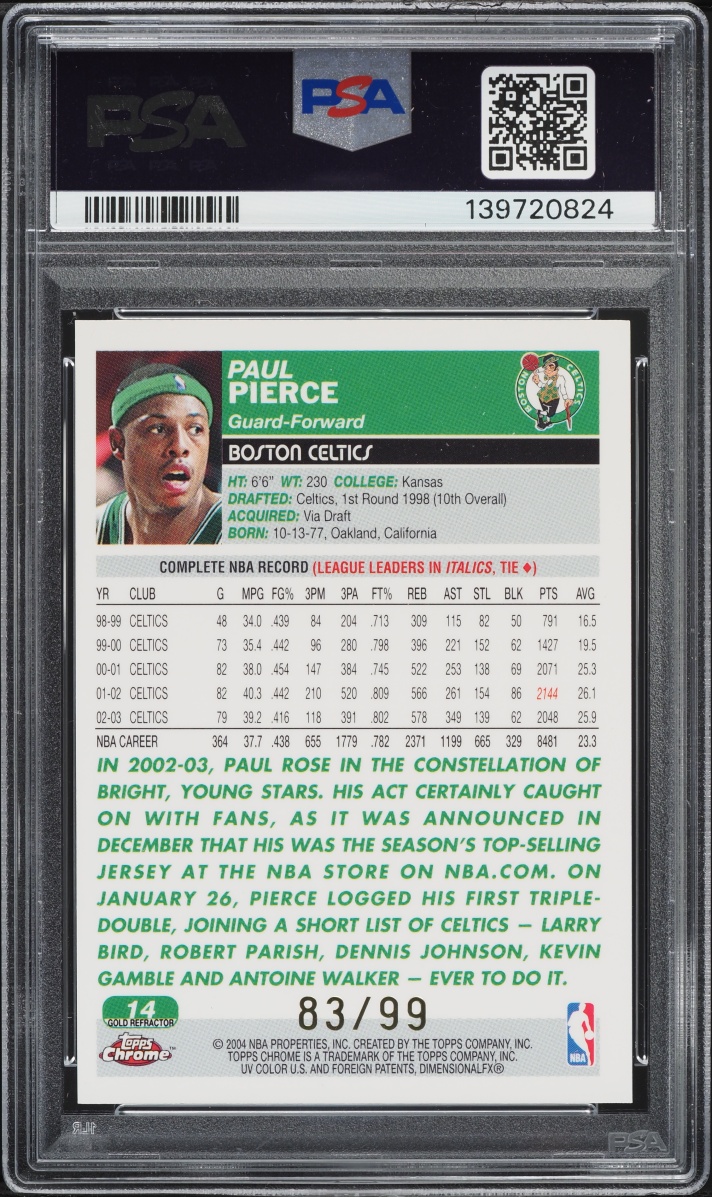 2003 Topps Chrome Gold Refractor Paul Pierce /99 #14 PSA 9 MINT