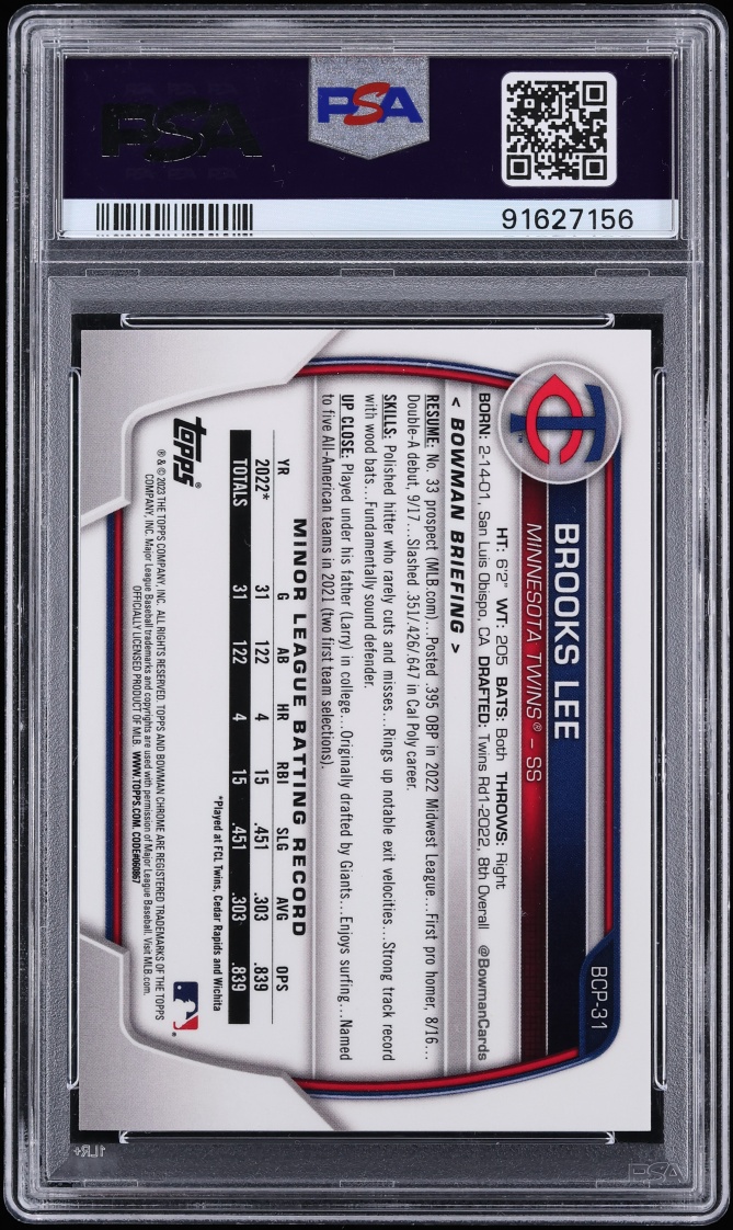 2023 Bowman Chrome Mega Box Gold Refractor Brooks Lee PROSPECT /50 #BCP-31 PSA 9 MINT - Photo 2