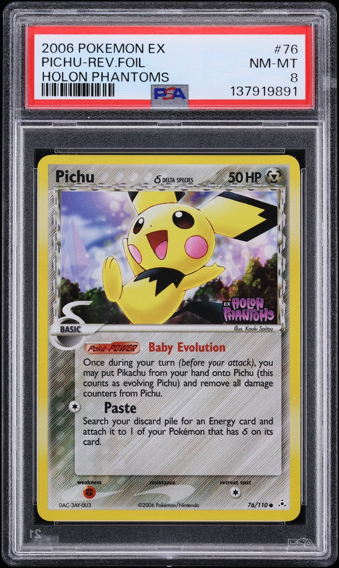 2006 Pokemon EX Holon Phantoms Reverse Holo Pichu #76 PSA 8 NM-MT