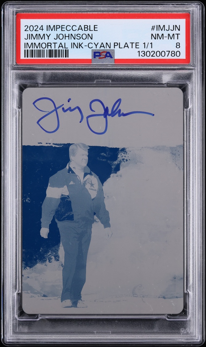 2024 Panini Impeccable Immortal Ink Cyan Printing Plate Jimmy Johnson AUTO 1/1 PSA 8 NM-MT
