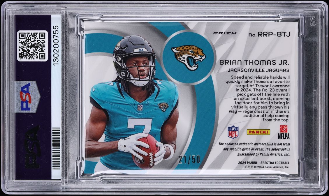 2024 Panini Spectra Radiant Neon Blue Brian Thomas Jr. ROOKIE PATCH AUTO /50 #RRP-BTJ PSA 8 - Photo 2