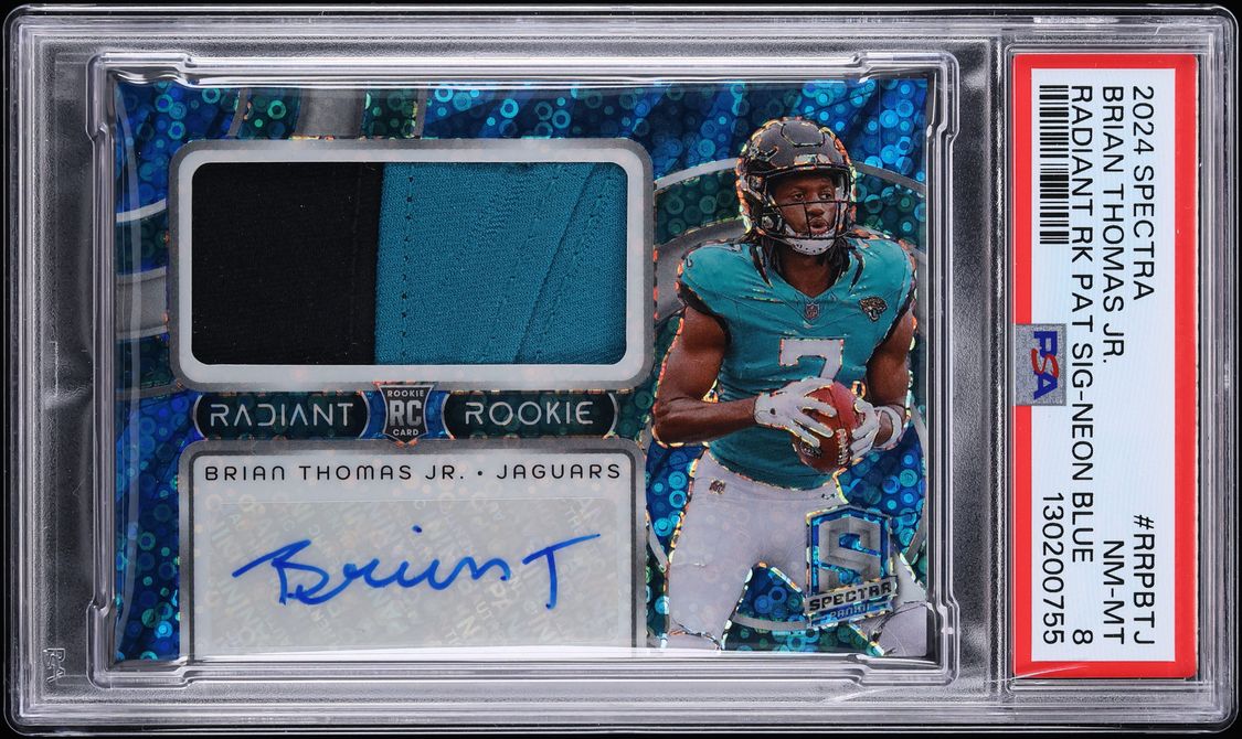 2024 Panini Spectra Radiant Neon Blue Brian Thomas Jr. ROOKIE PATCH AUTO /50 #RRP-BTJ PSA 8