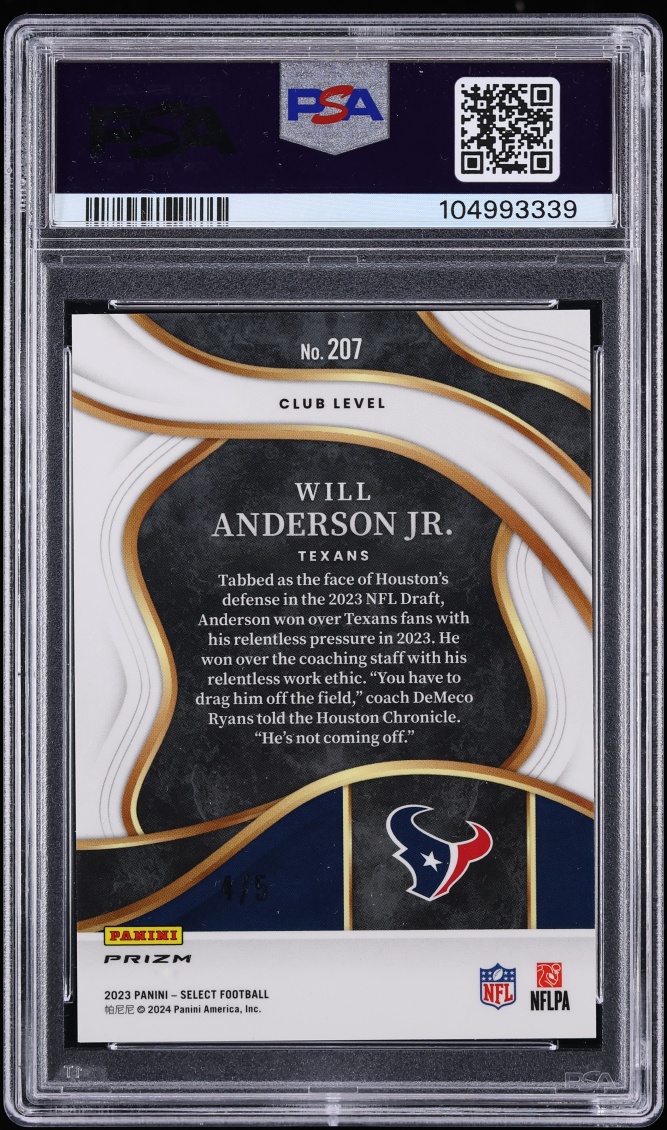 2023 Select Club Level Green Prizm Will Anderson Jr. ROOKIE /5 #207 PSA 10 GEM MINT - Photo 2