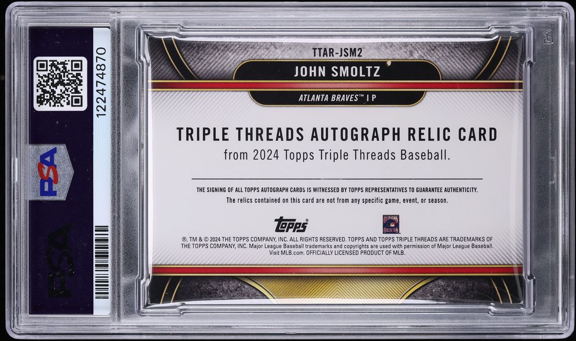 2024 Topps Triple Threads Gold John Smoltz PATCH AUTO DNA 10 /9 #TTAR-JSM2 PSA 6 EXMT - Photo 2