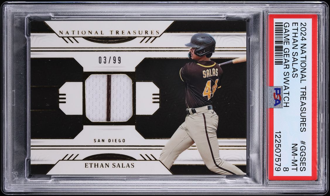2024 National Treasures Game Gear Swatch Ethan Salas PATCH /99 #GGS-ES PSA 8 NM-MT