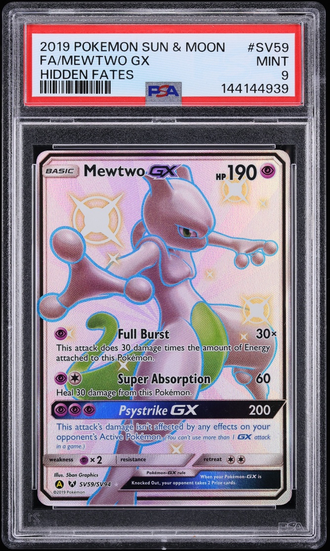 2019 Pokemon Sun & Moon Hidden Fates Vault Full Art Mewtwo GX #SV59 PSA 9 MINT