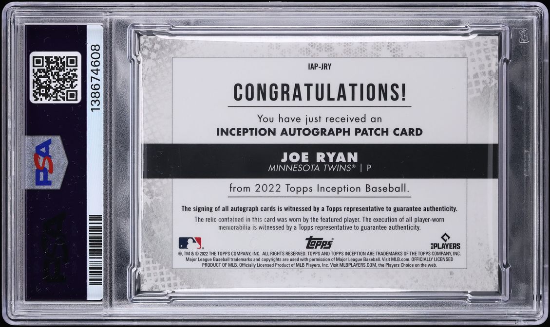 2022 Topps Inception Joe Ryan ROOKIE PATCH AUTO /249 #IAP-JRY PSA 10 GEM MINT - Photo 2