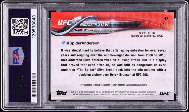 2018 Topps Chrome UFC Superfractor Anderson Silva 1/1 #42 PSA 10 GEM MINT