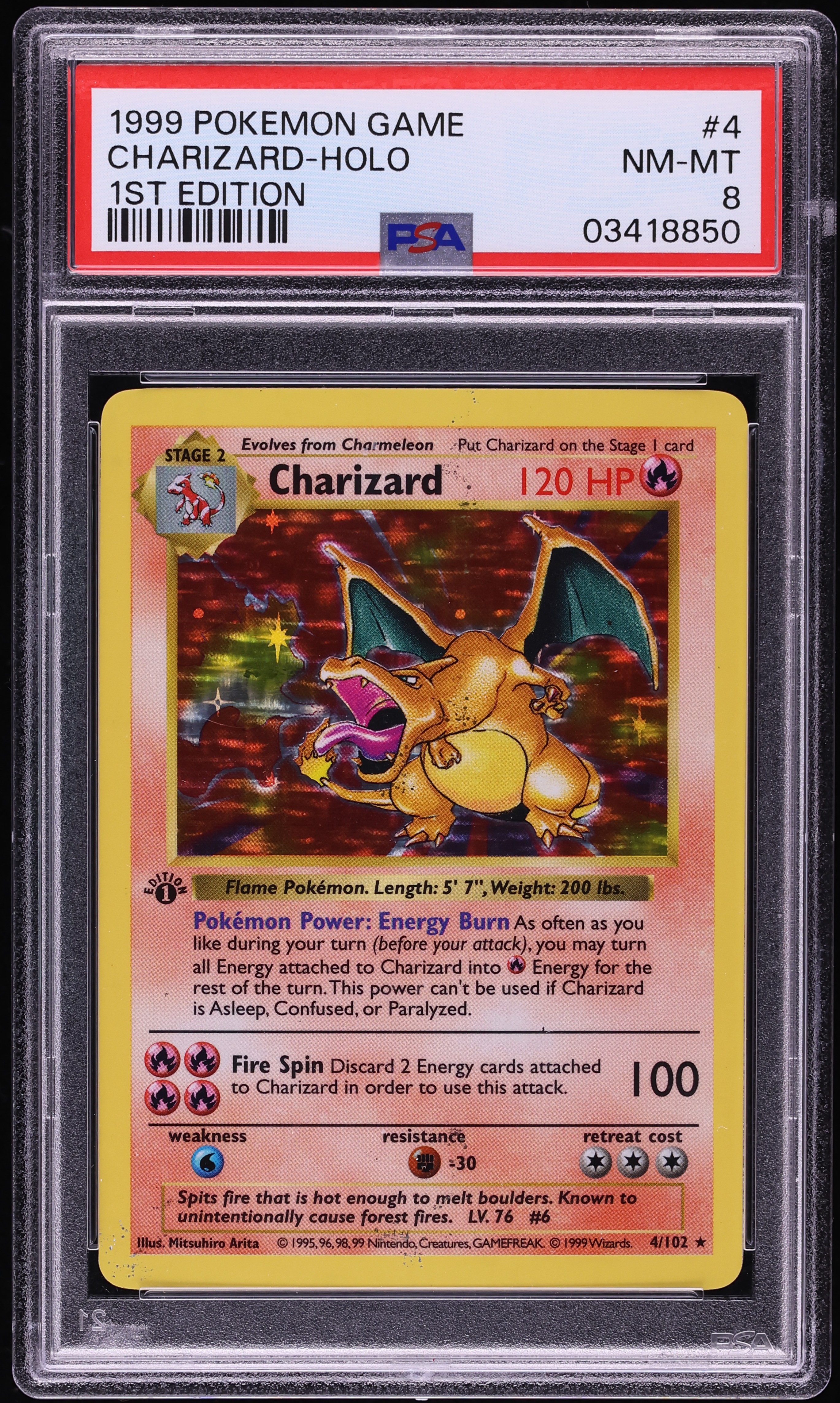 1999 Pokemon Base Set Shadowless 1st Edition Holo Charizard #4 PSA 8 NM-MT