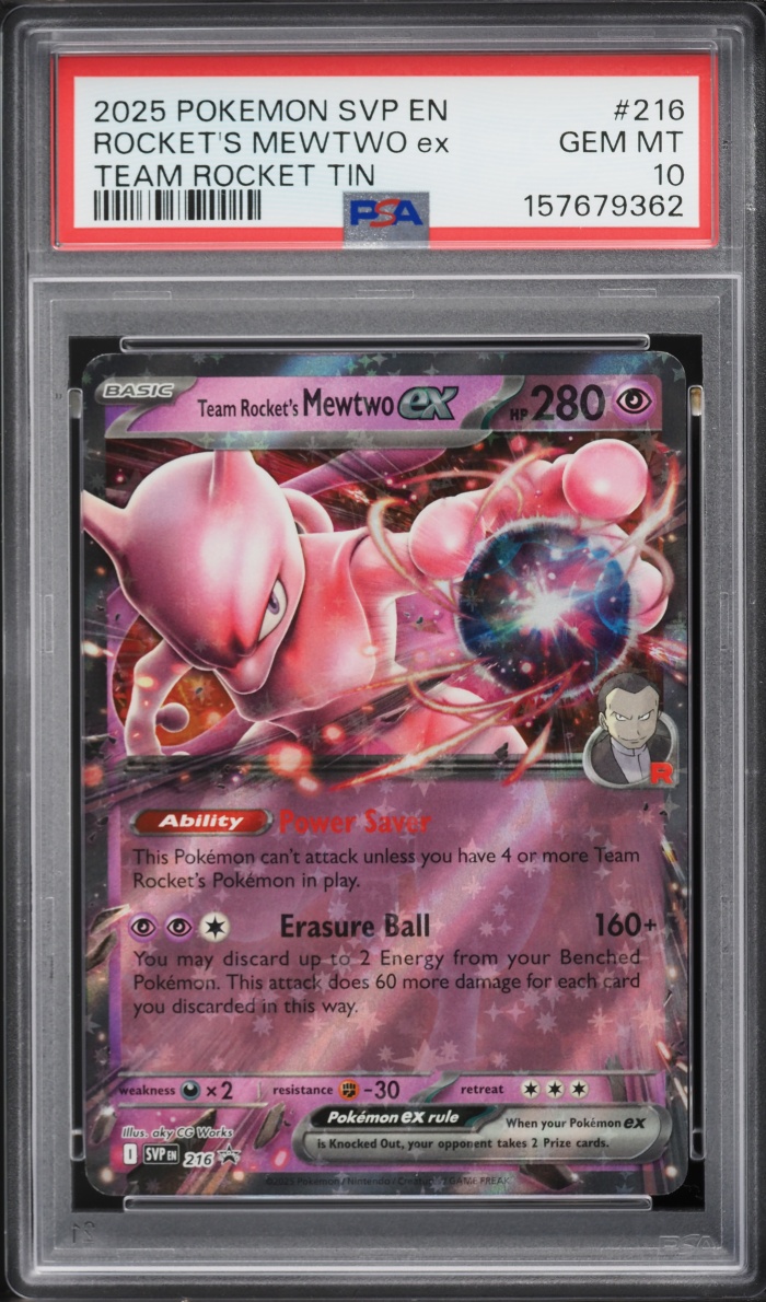 2025 Pokemon Scarlet & Violet Promo Team Rocket Tin Holo Rocket's Mewtwo ex #216 PSA 10 GEM