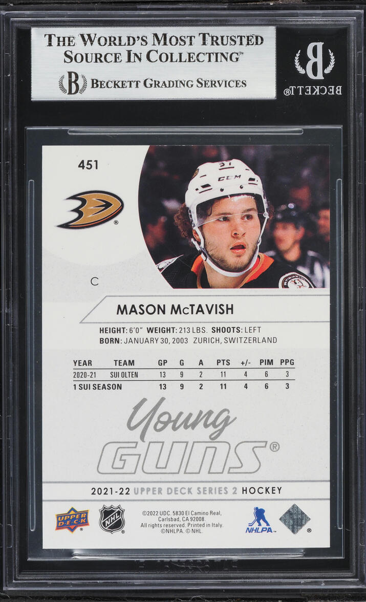 2021 Upper Deck Young Guns Mason McTavish ROOKIE #451 BGS 9 MINT