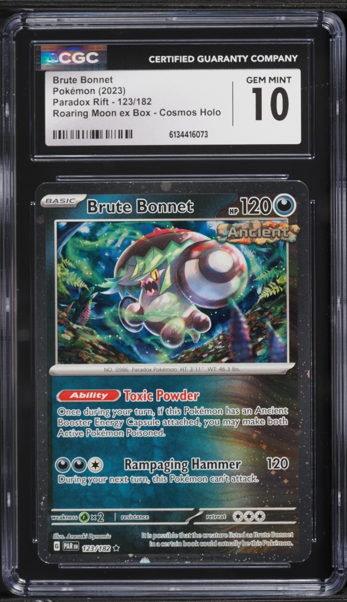2023 Pokemon SV Paradox Rift Roaring Moon ex Box Cosmos Holo Brute Bonnet #123 CGC 10 GEM MINT