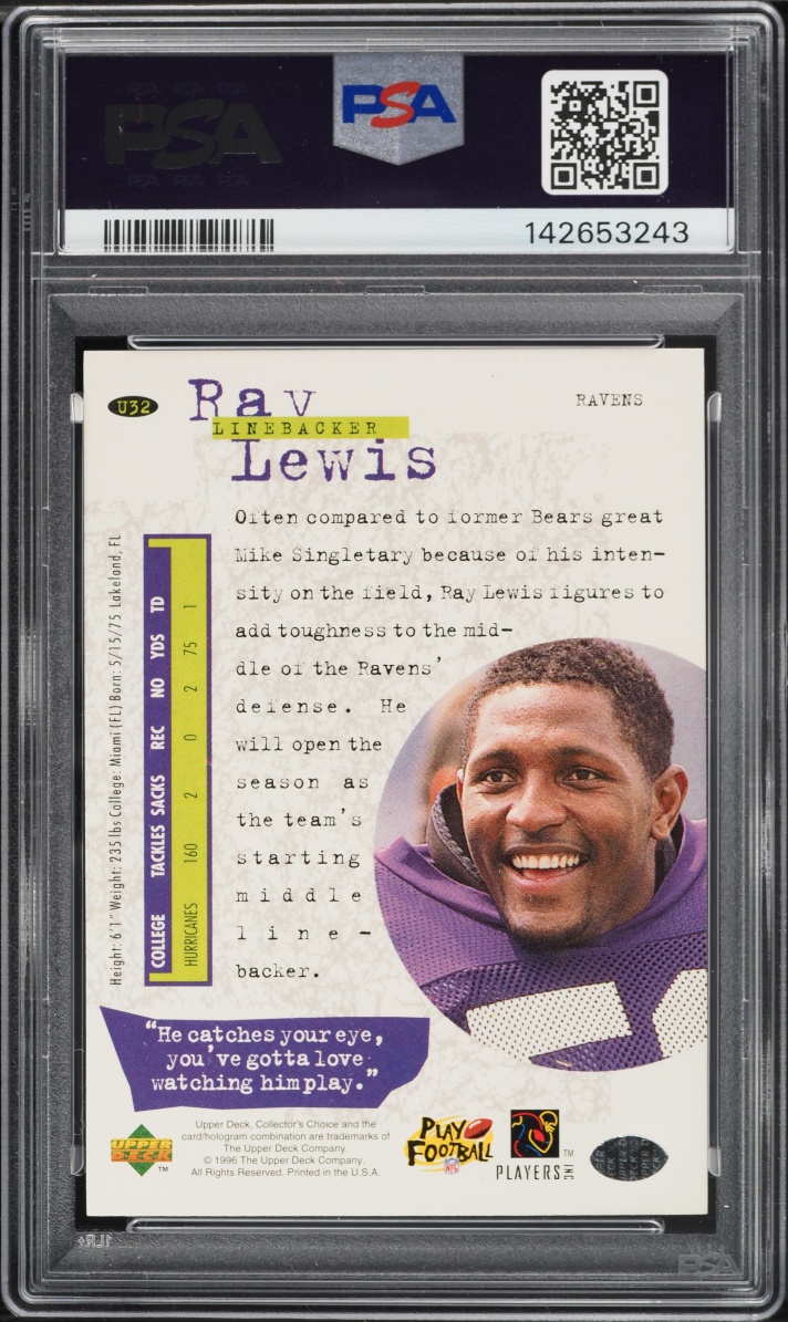 1996 Collector's Choice Update Ray Lewis ROOKIE #U32 PSA 8 NM-MT