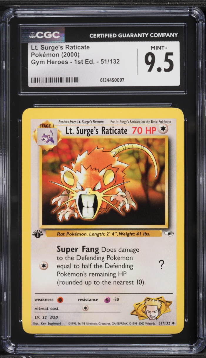 2000 Pokemon Gym Heroes 1st Edition Lt. Surge's Raticate #51 CGC 9.5 MINT+