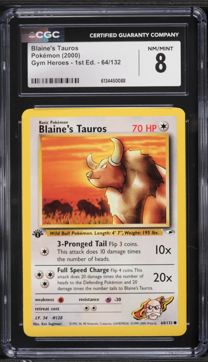 2000 Pokemon Gym Heroes 1st Edition Blaine's Tauros #64 CGC 8 NM-MT