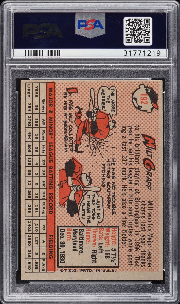 1958 Topps Milt Graff #192 PSA 9 MINT