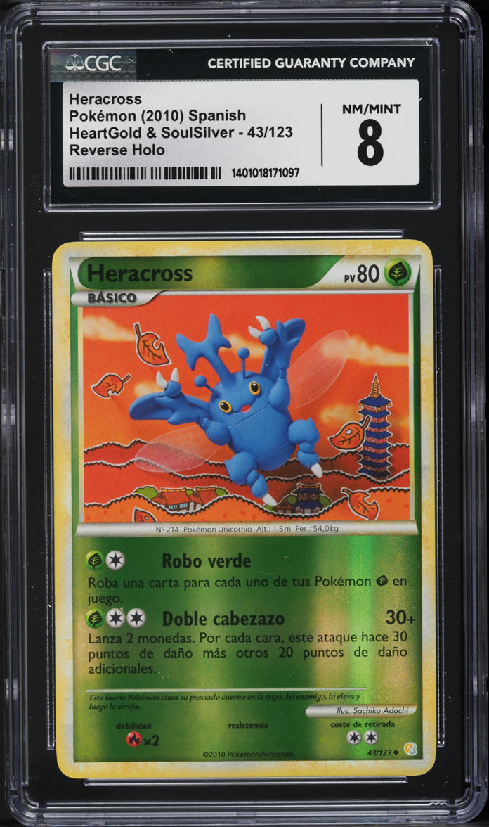 2010 Pokemon Spanish HeartGold & SoulSilver Reverse Holo Heracross #43 CGC 8